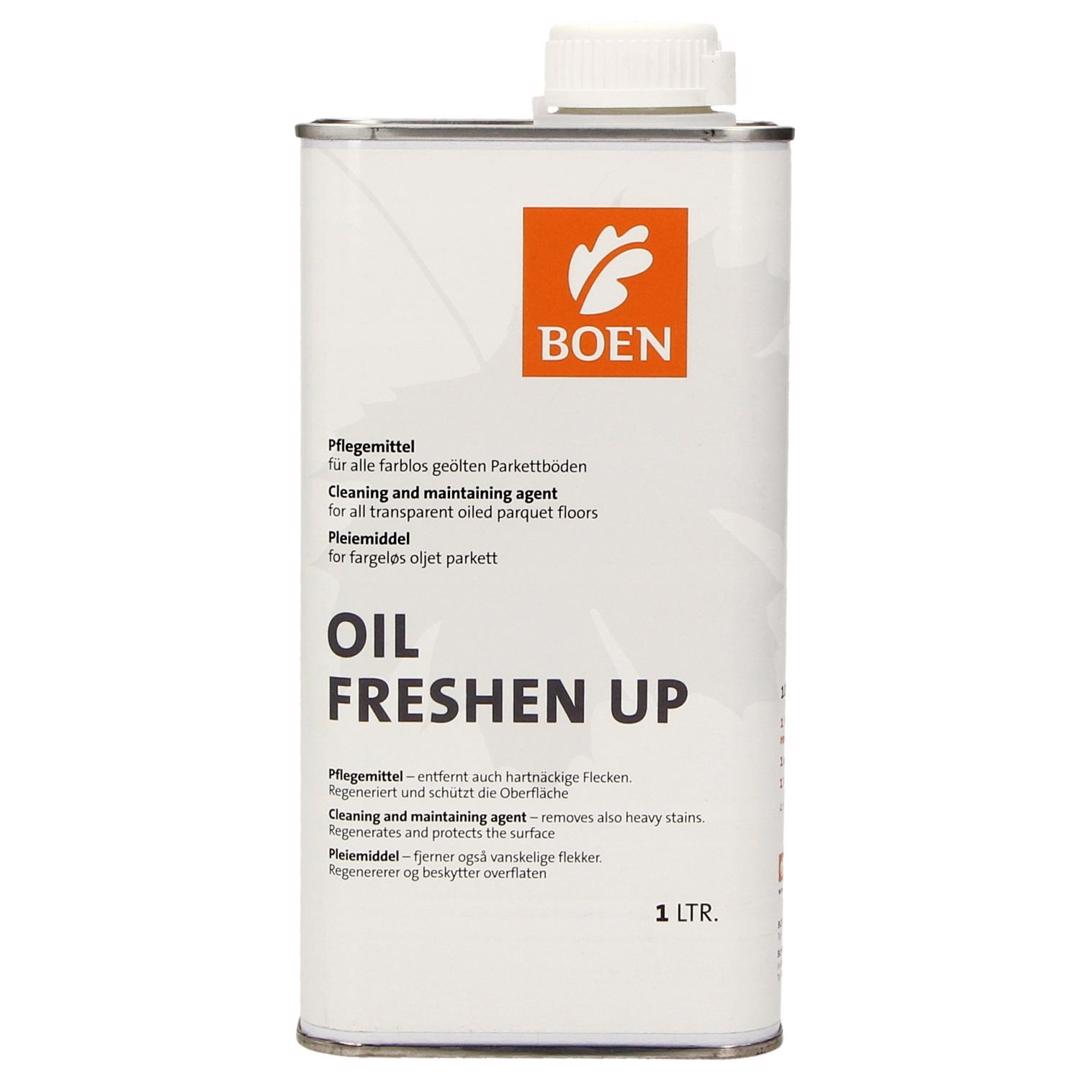 BOEN Oil Freshen up 1l

Produit de nettoyage et d‘entretien pour tous
les parquets huilés. 1 l pour env. 80-100m².
Treat the floor from time to time mainly in highly
frequented areas which are often cleaned.